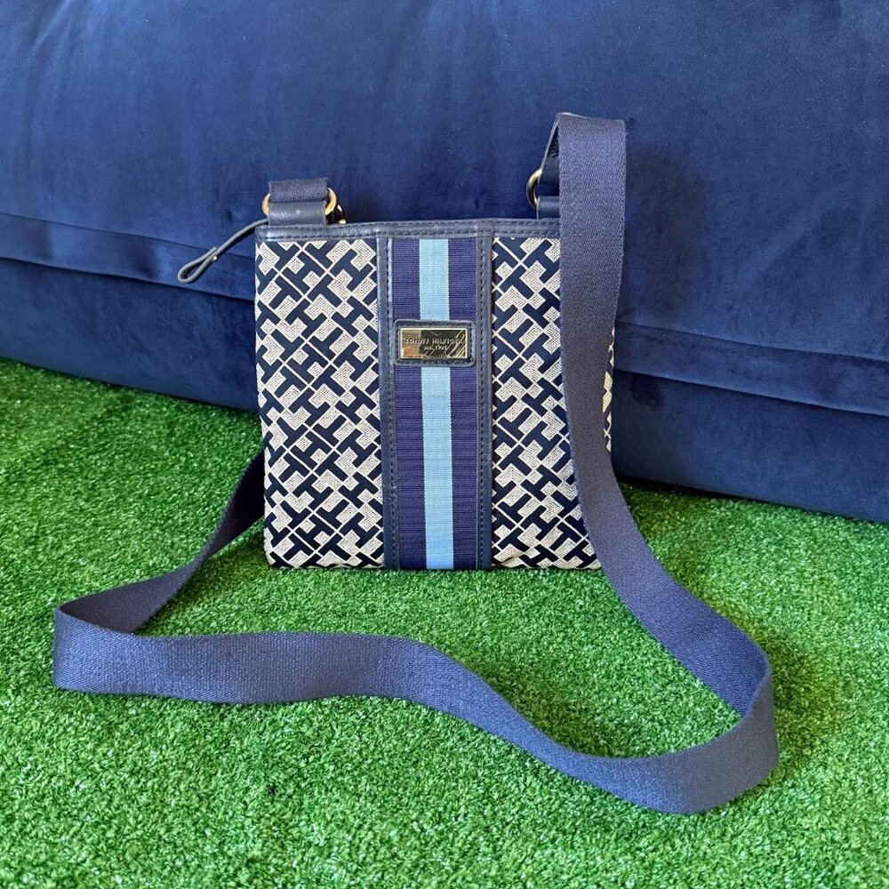 Tommy Hilfiger Monogram Signature Navy Blue & Beige Canvas Crossbody Bag OS